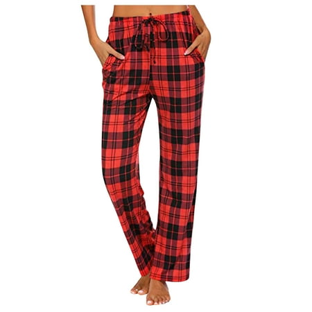 

FRSASU Pants for Women Clearanc Womens Comfortable Plaid Prints Pajamas Wide Leg Pants Long Yoga Pants Red 12(XXL)