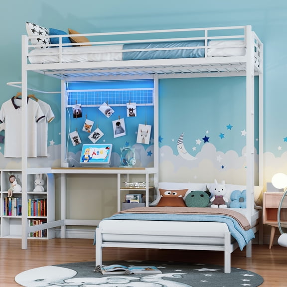 MAYEERTY Twin Over Twin Metal Bunk Bed with Desk and Trundle, Heavy Duty Bed Frame with High Guardrails and Ladder, Space-Saving for Kids Teens Adults Dorm, White