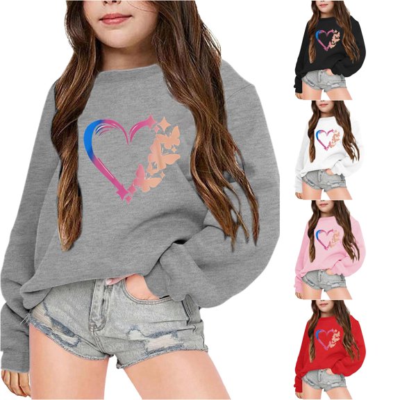 Vividxx Sweatshirts For Girls Kids Heart Print Crewneck Sweatshirt Tops Fall Winter Long Sleeve Pullover Shirt Streetwear 5-6 Years