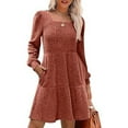 thumbnail image 7 of Ndbuld Womens Long Sleeve Fall Dresses Women's Casual Solid Color Lantern Sleeve Pocket Knitted Striped Dress on Clearance,Brown,M, 7 of 7