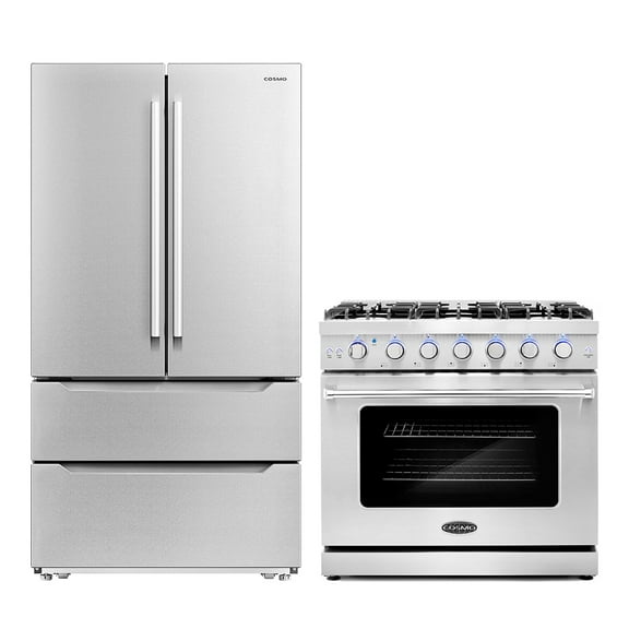 Cosmo 2 Piece Kitchen Appliance Packages with 36" Free Standing Gas Range Kitchen Stove & French Door Refrigerator Kitchen Appliance Bundles