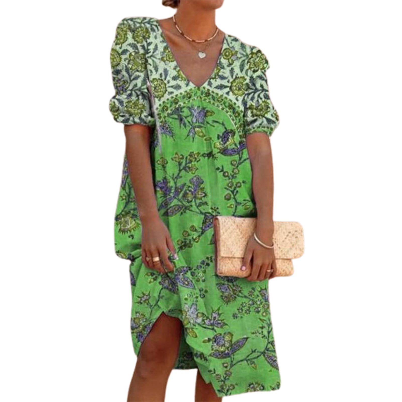 HoWD Dress V Neck Puff Sleeve Female Ladies Short Sleeve Loose