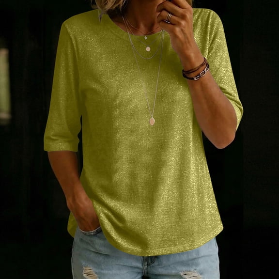 Womens Tops Crew Neck Elbow Length Sleeve Tshirts for Women Summer Fall Dressy Casual Pullover T-Shirts