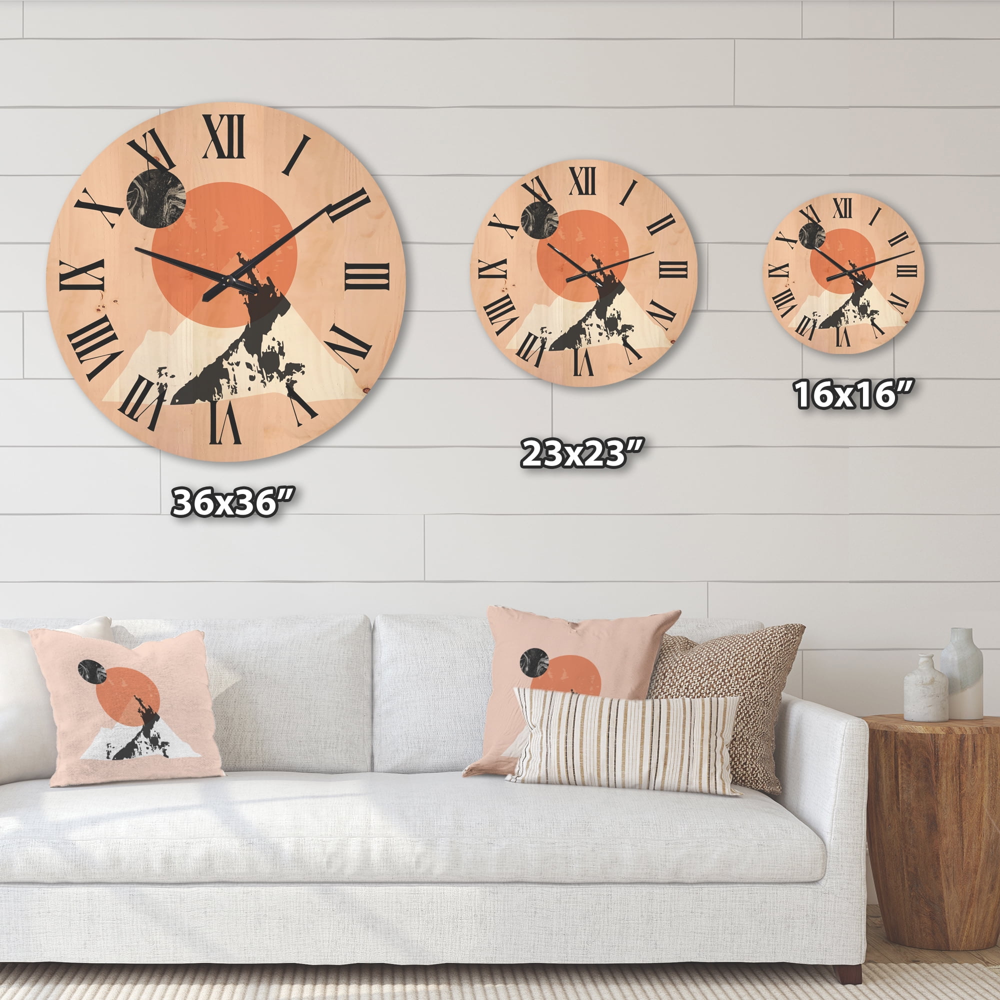 Designart 'Modern Minimalist Mountain Moon and Sun' Modern Wood Wall Clock
