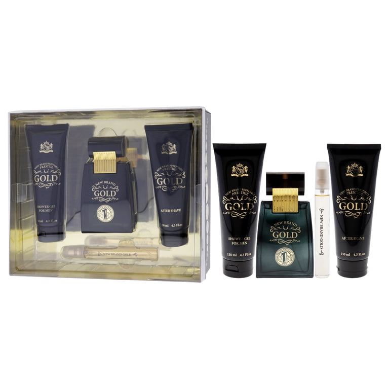 New Brand Gold , 4 Pc Gift Set 3.3oz EDT Spray, 4.3oz Shower Gel