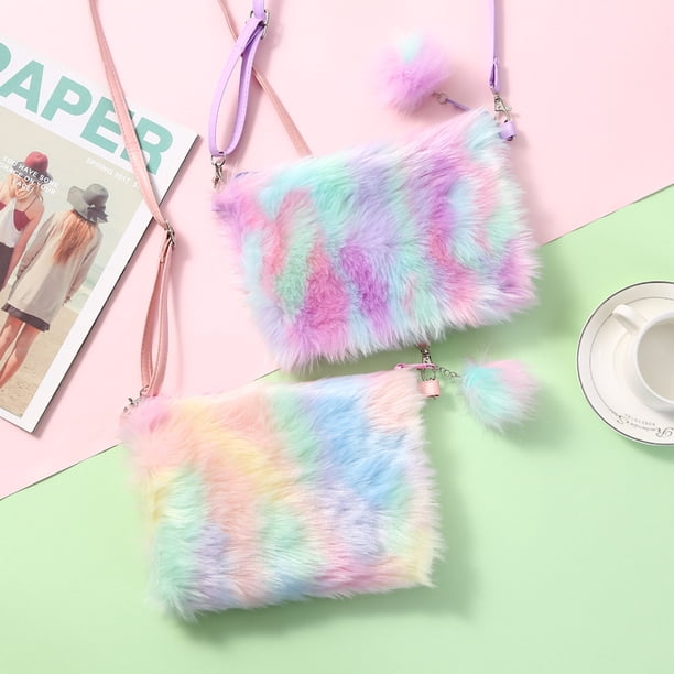 2 piezas 2 estilos 9 * 6.5 "Bolso de felpa esponjoso para niñas y niños Tie Dye Rainbow Cartera cruzada Monedero lindo Monedero para jardín de infantes Bolsa para teléfono móvil Sincero Electrónica