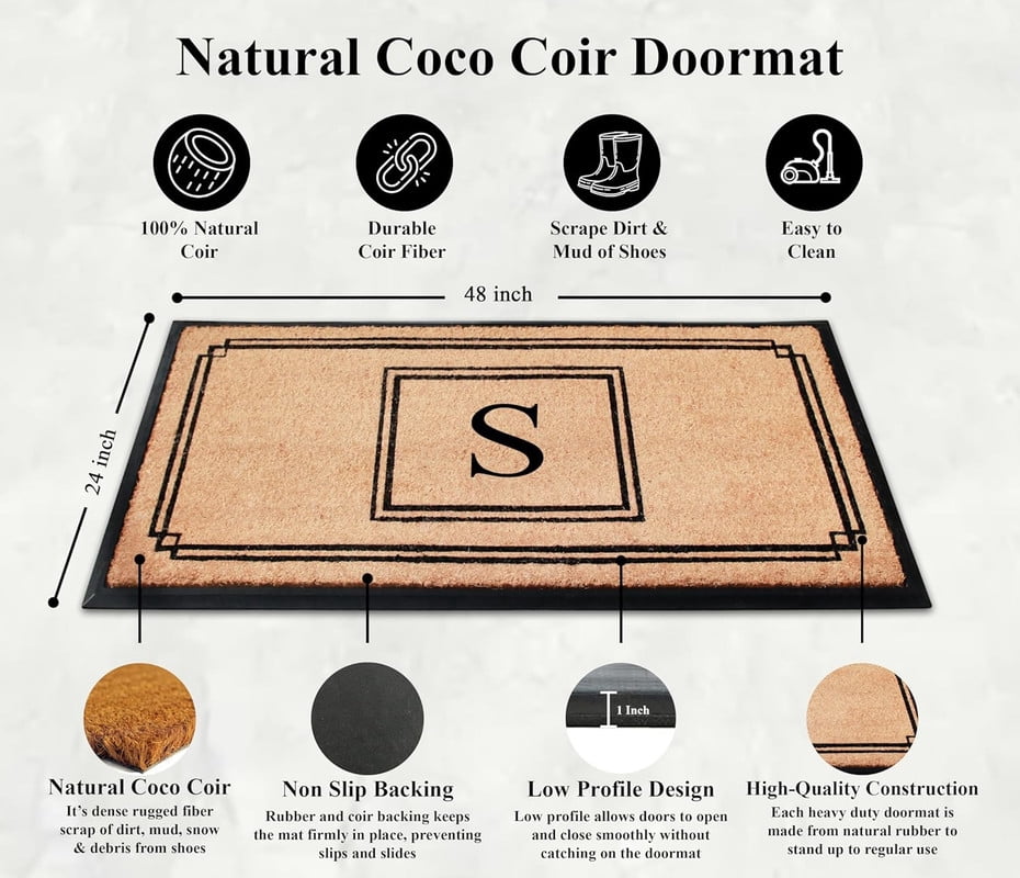 A1 Home Collections Rubber & Coir Mat, Heavy Duty, Extra Large, Front Door Mat 24"X48", Black/Beige Doormat Monogrammed S
