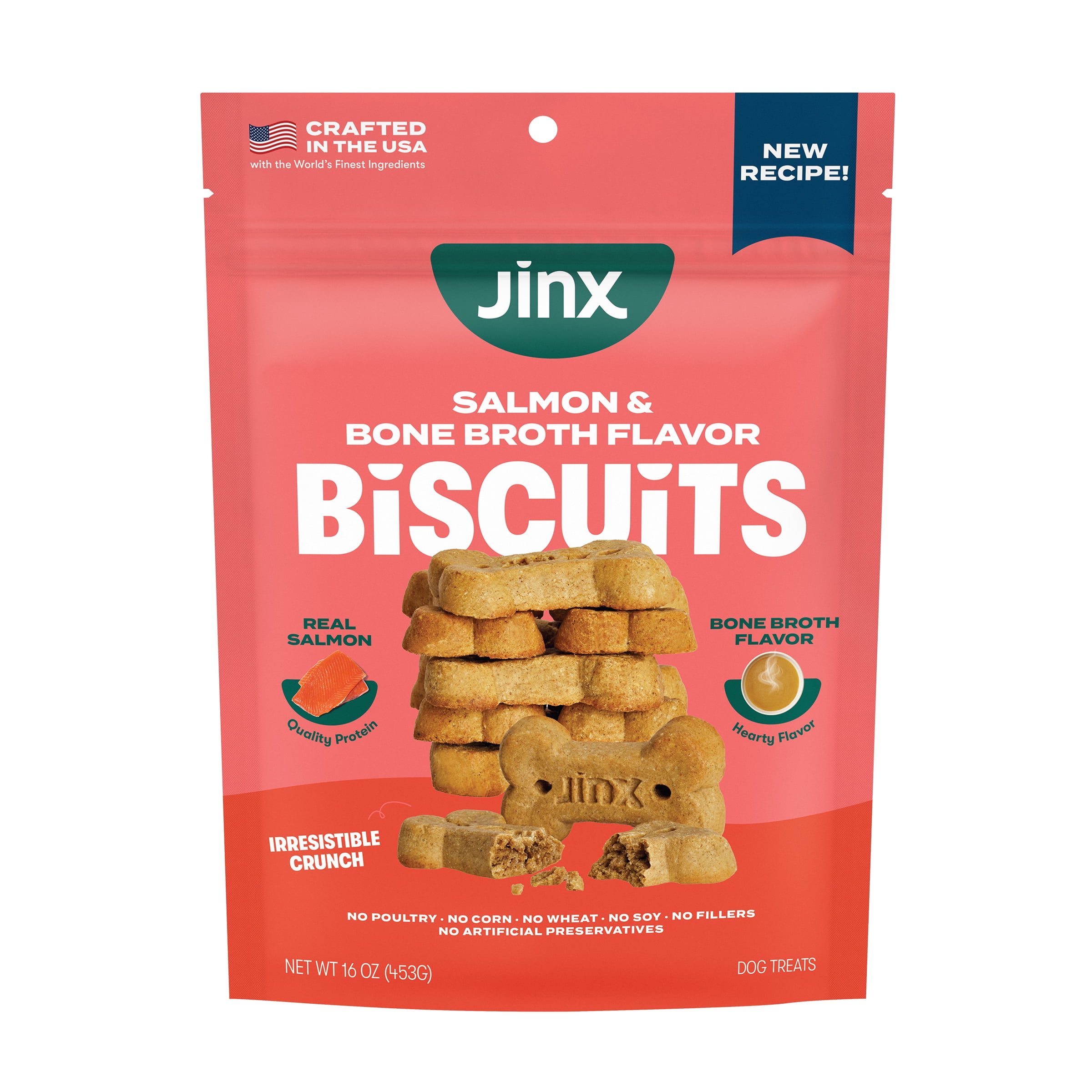 (4 pack) Jinx Salmon Bone Broth Biscuits, Crunchy Dry Dog Treats, 16 oz Bag