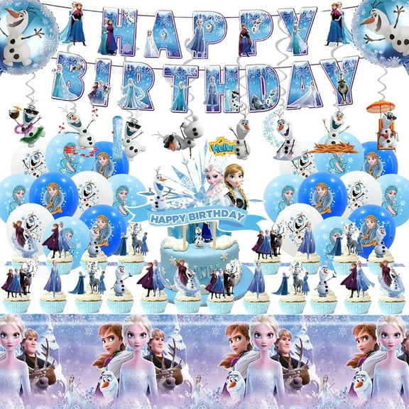 Frozen Birthday Party Supplies for Girls, Frozen Birthday Party Decorations Include Banner, Frozen Balloons, Hanging Swirls, Cupcake Toppers, Tablecloth