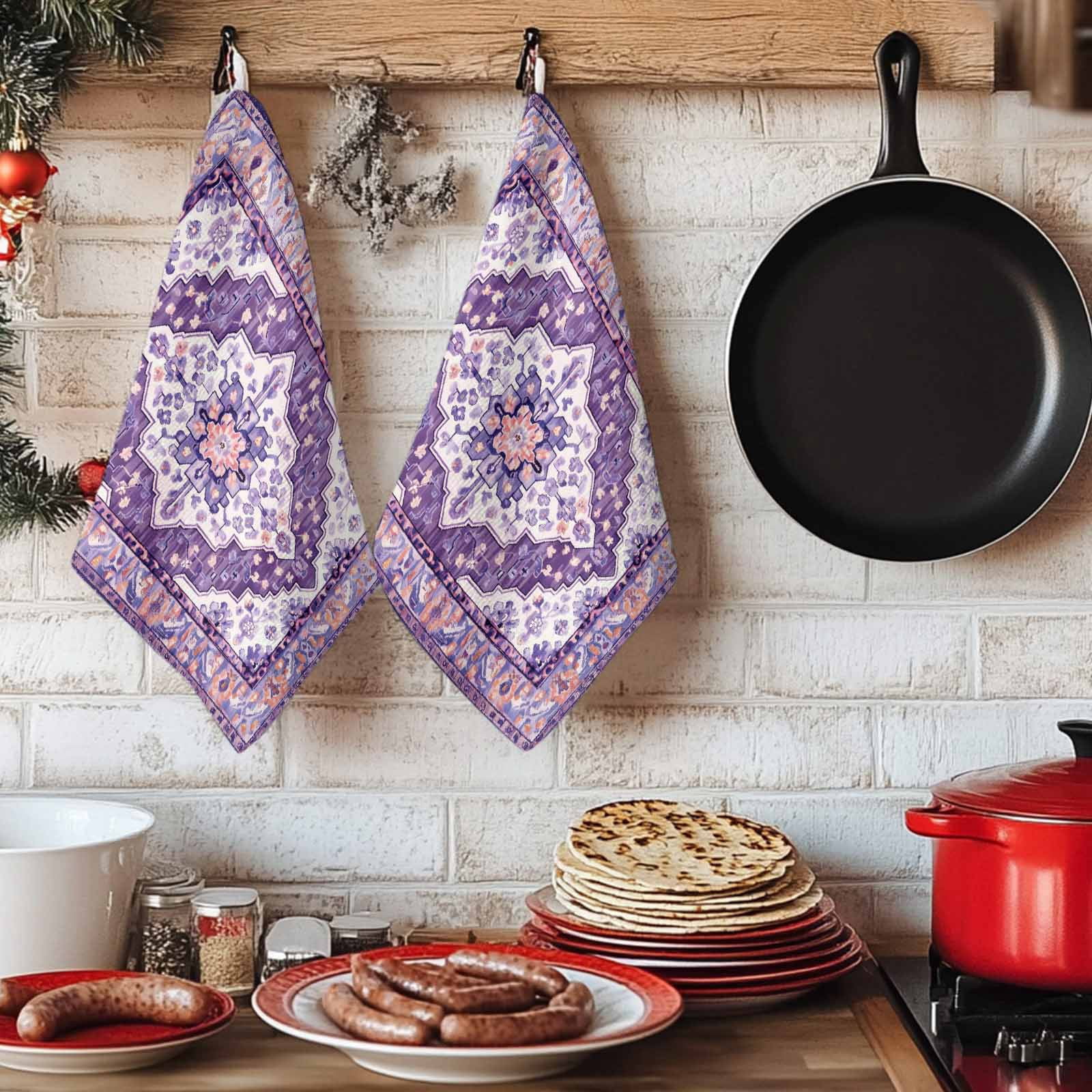 Dish Towels, Purple Bohemian Absorbent Kitchen Towels 2 PCS, Vintage Medieval Mural Microfiber Hand Towels Dish Cloths Tea Towels for Home&nbsp;Bathroom Cleaning Drying,18X28-Inch,