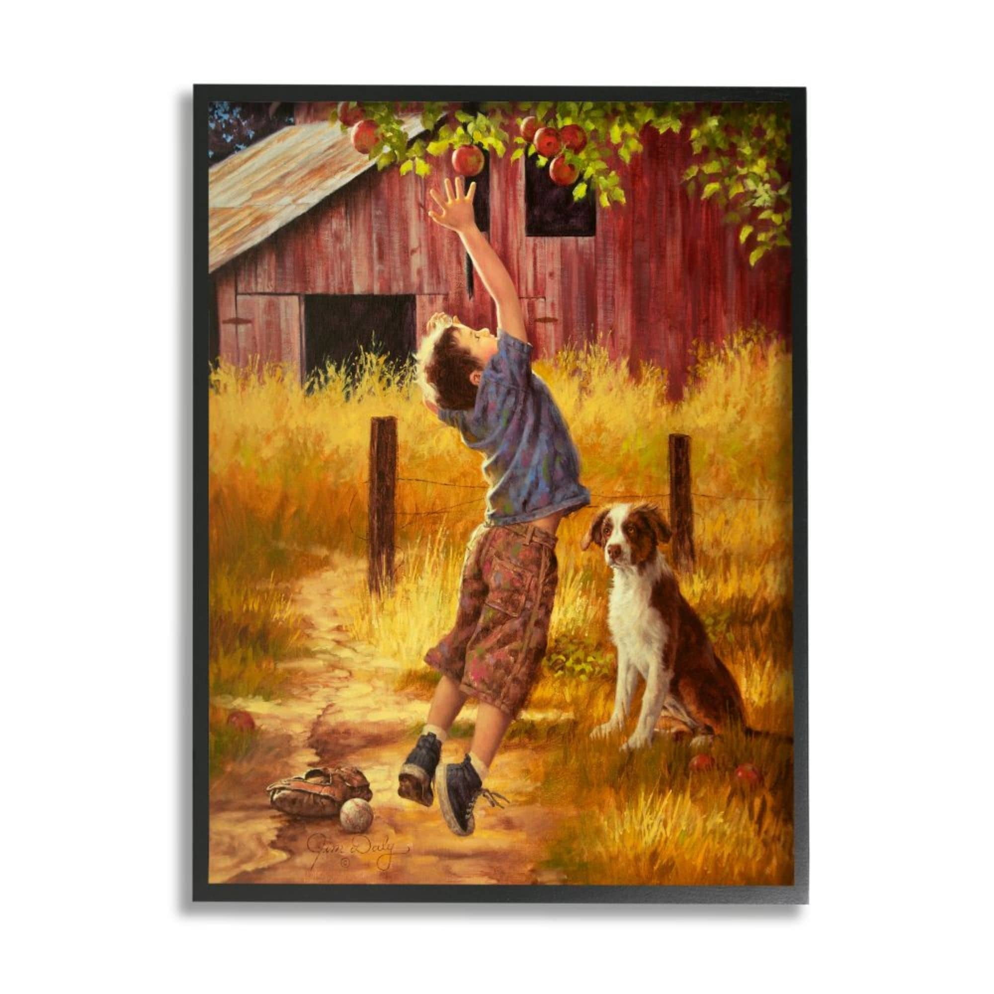 Stupell Industries Boy Jumping for Autumn Farm Apple with Dog Design by Jim Daly