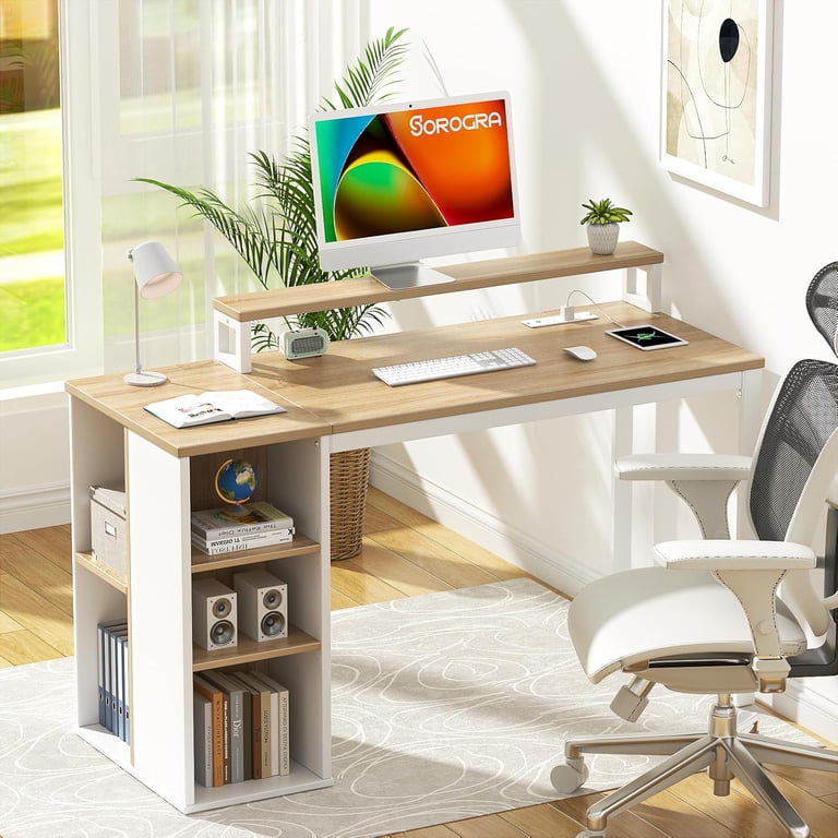 Sorogra 39.4 Inch Computer Desk With Adjustable Monitor Stand & Storage - White, Reversible Shelves, Built-in Outlets