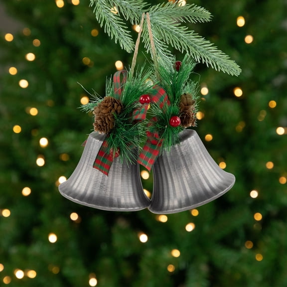 Northlight Bells with Pine Sprigs and Plaid Bow Christmas Ornaments - 7" - Silver - Set of 2