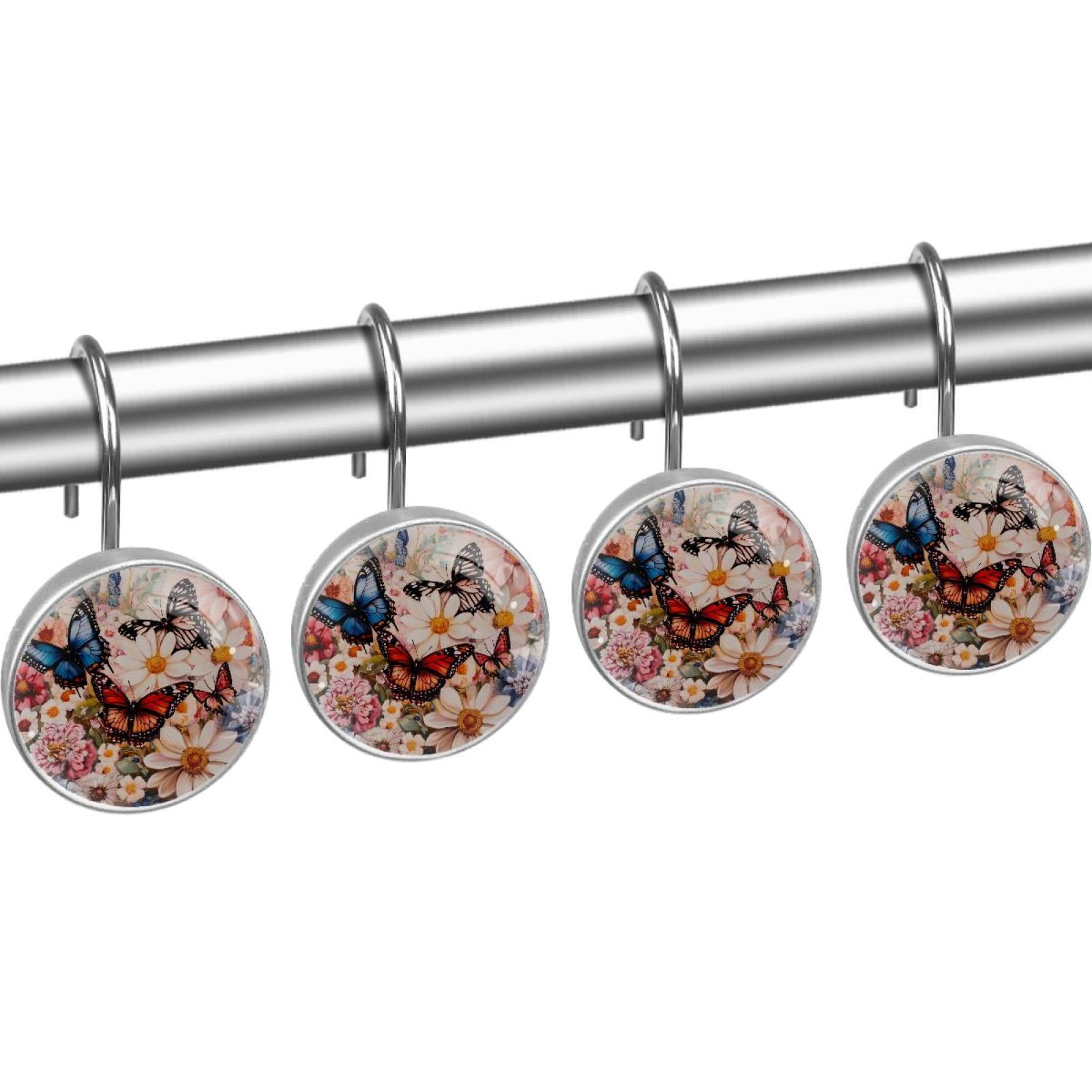 Butterfly on Blossom Chrysanthemum Daisy Shower Curtain Hooks Round Crystal Glass, Set of 12 Shower Curtain Rings - Shower Hooks for Curtain Shower Rings