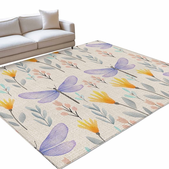 Area Rug 5x7ft Purple Dragonfly Washable Area Rugs for Living Room Spring Yellow Flower Non Slip Floor Carpet Mat for Kitchen Entryway Bathroom Office Home Decor