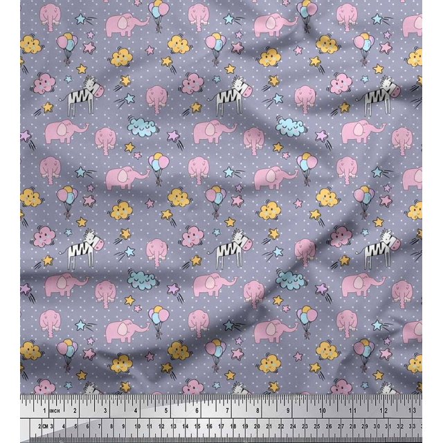 Soimoi Polyester Crepe Fabric Cloud,Star & Cute Elephant Kids Print Fabric by The Yard 42 Inch Wide