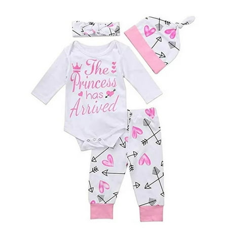 

4Pcs Newborn Infant Baby Girl Valentine s Day Outfits Clothes Set Romper Bodysuit+Pants Leggings with Headband Hat