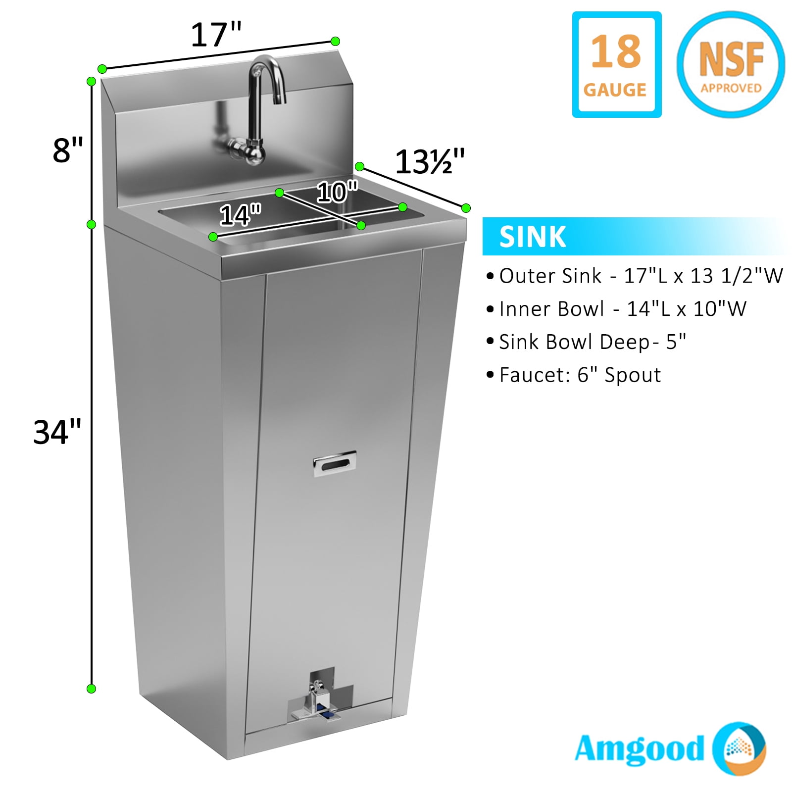AmGood Hands-Free Stainless Steel Pedestal Hand Sink with Foot Pedal and Faucet