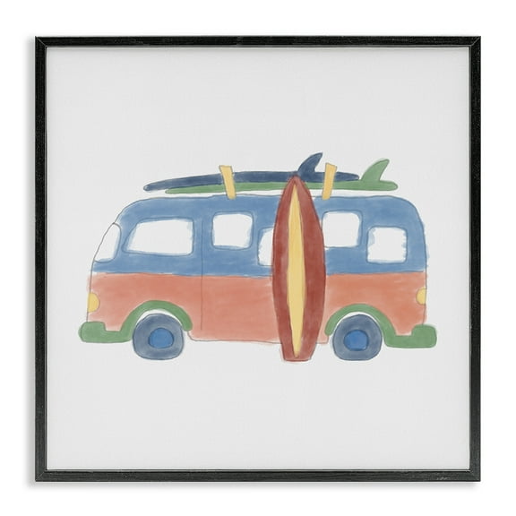 Stupell Industries Summer Beach Bus Transportation Painting Black Framed Art Print Wall Art, 12 x 12