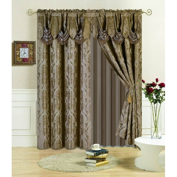 All American Collection New 4 Piece Drape Set with Attached Valance and Sheer with 2 Tie Backs Included