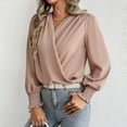 thumbnail image 6 of Fashion Olyvenn Women's Chiffon Draped Wrap V Neck Ruched Blouse Dressy Summer Casual Loose Elegant Shirred Cuff Long Sleeve Shirts Top Pink M, 6 of 8