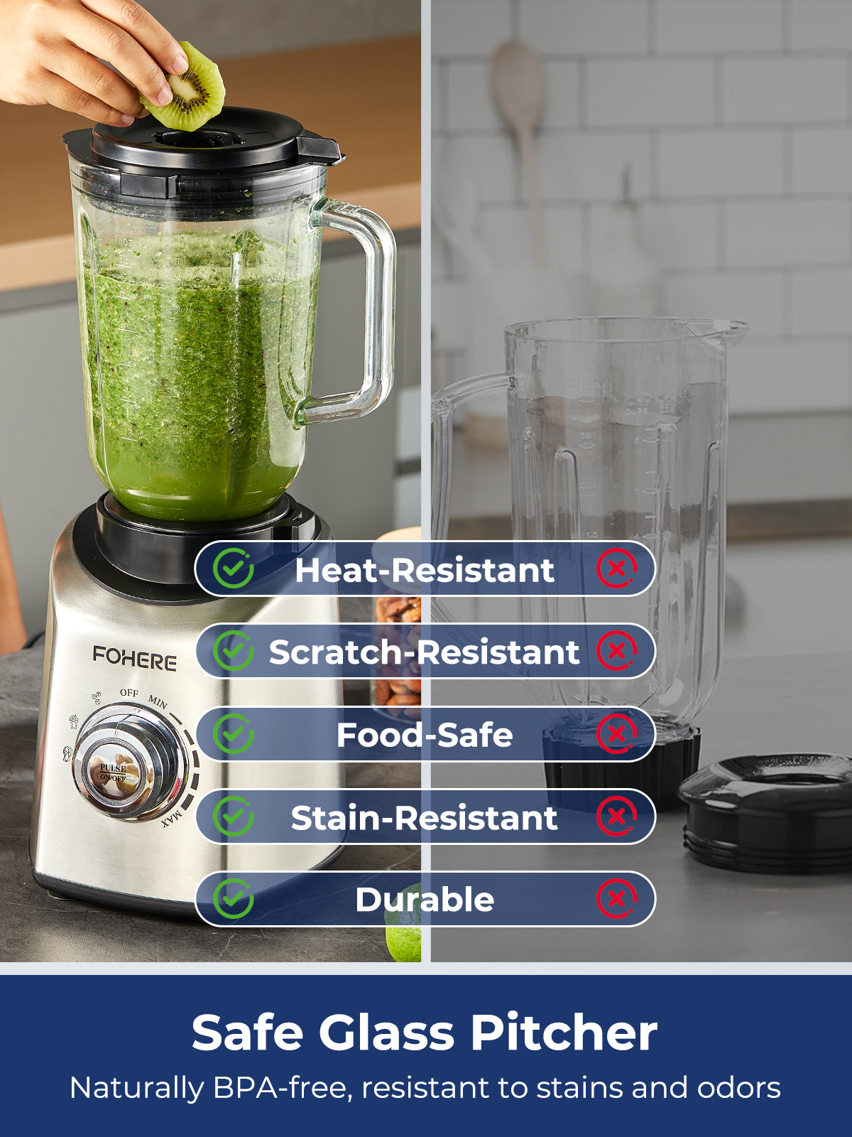 FOHERE Professional Countertop Blender, 50Oz Glass Jar, 1300W Peak Power, BPA-Free, Smoothie Maker with Presets & 5 Speeds, 20Oz Tritan to-go Cup, Ice Crusher for Home Use