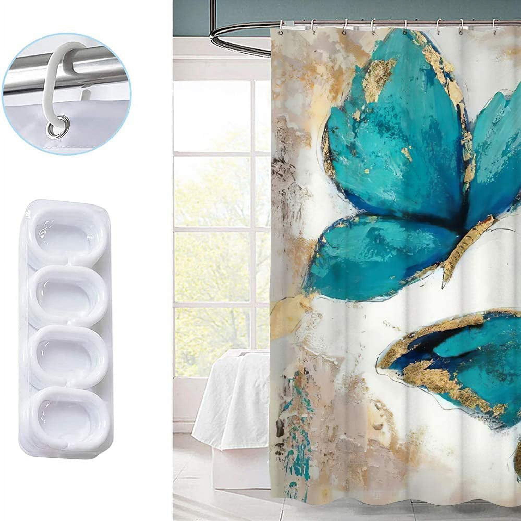 Teal Butterfly Shower Curtain Set with 12 Hooks, Decorative Shower Curtain Modern Bathroom Accessories, Machine Washable 72x72