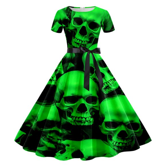 Bainana Womens Halloween Short Sleeve Dresses Breathable Skull Print Dress Ladies Theme Party Crew Neck Dresses