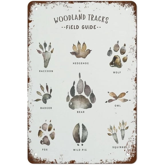 Forest Field Guide Animal Tracks Retro Metal Tin Sign, Woodland Paw Print Wall Decor for Garage Bar Courtyard Living Room, 8x12 Inch