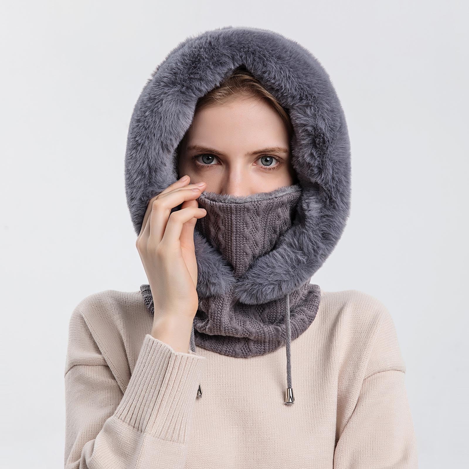 qolati Trapper Hat for Women Men with Mask Ear Flaps Knitted Windproof Winter Bomber Hats Cold Weather Warm Winter Faux Fur Hunting Balaclava Ski Hats
