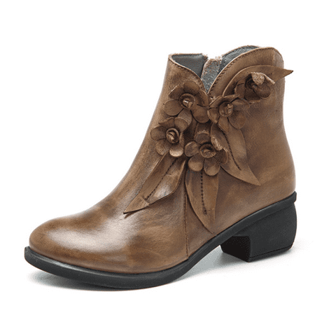 SOCOFY Women Retro Handmade Leather Floral Soft Ankle Boots