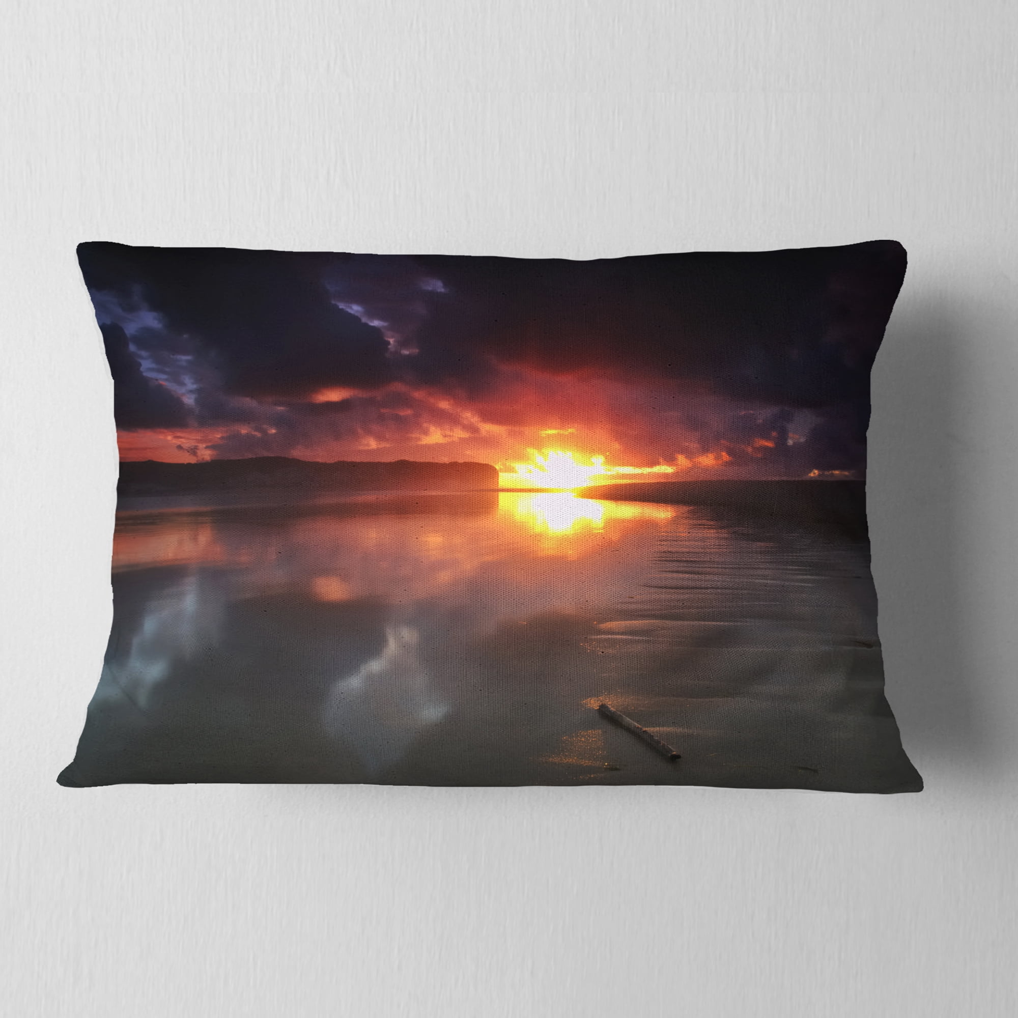 Designart Mirrored Sun in Cloudy Dark Seashore - Seashore Throw Pillow - 12x20