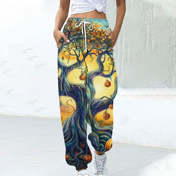 Luxalzxs Halloween Sweatpants for Women Funny Pumpkin Print Workout Joggers Baggy Cinch Bottom Pants Drawstring Elastic Waist Lounge Trousers with Pockets