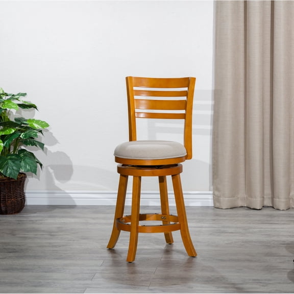 Newboti Furniture 24" Counter Height Slat Back Swivel Stool, Natural Finish, Beige Fabric Seat 17671