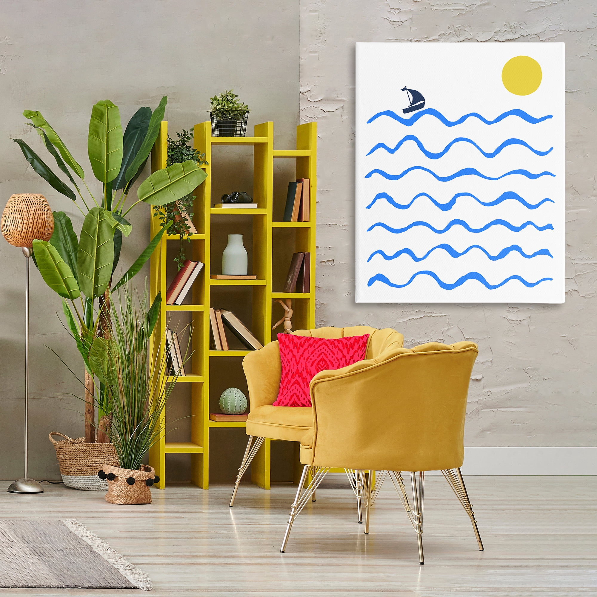 Stupell Industries Blue Waves & Sailboat Doodle Nautical & Beach Painting Wrapped Canvas Art Print Wall Art, 36 x 48