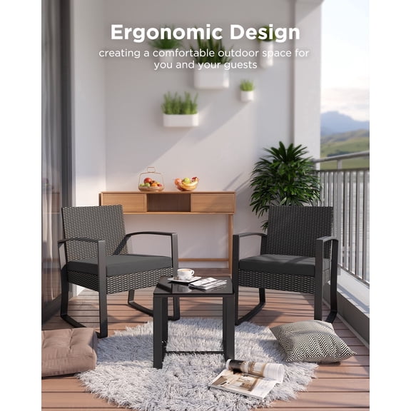 Lofka 3-Piece Patio Furniture Set,Outdoor Rocking Wicker Bistro Set with Cushions & Tempered Glass Table - Modern Rattan Conversation Set for Porch|Balcony|Garden (Black)