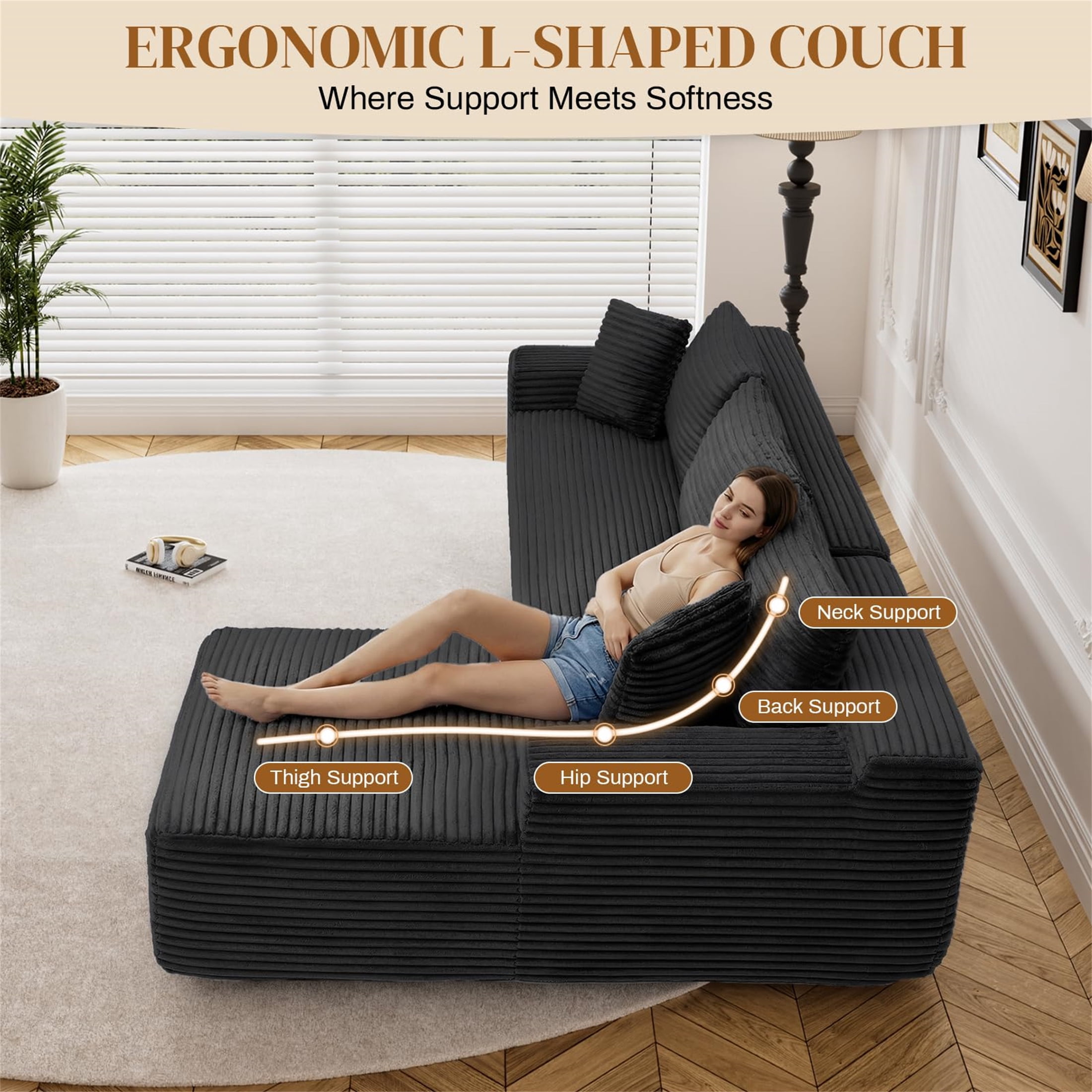 Aukfa 96" Cloud Sectional Sofa Deep Seat Boneless Couch Modular L-Shaped Couch, Right Chaise Corduroy Sofa for Living Room, Black