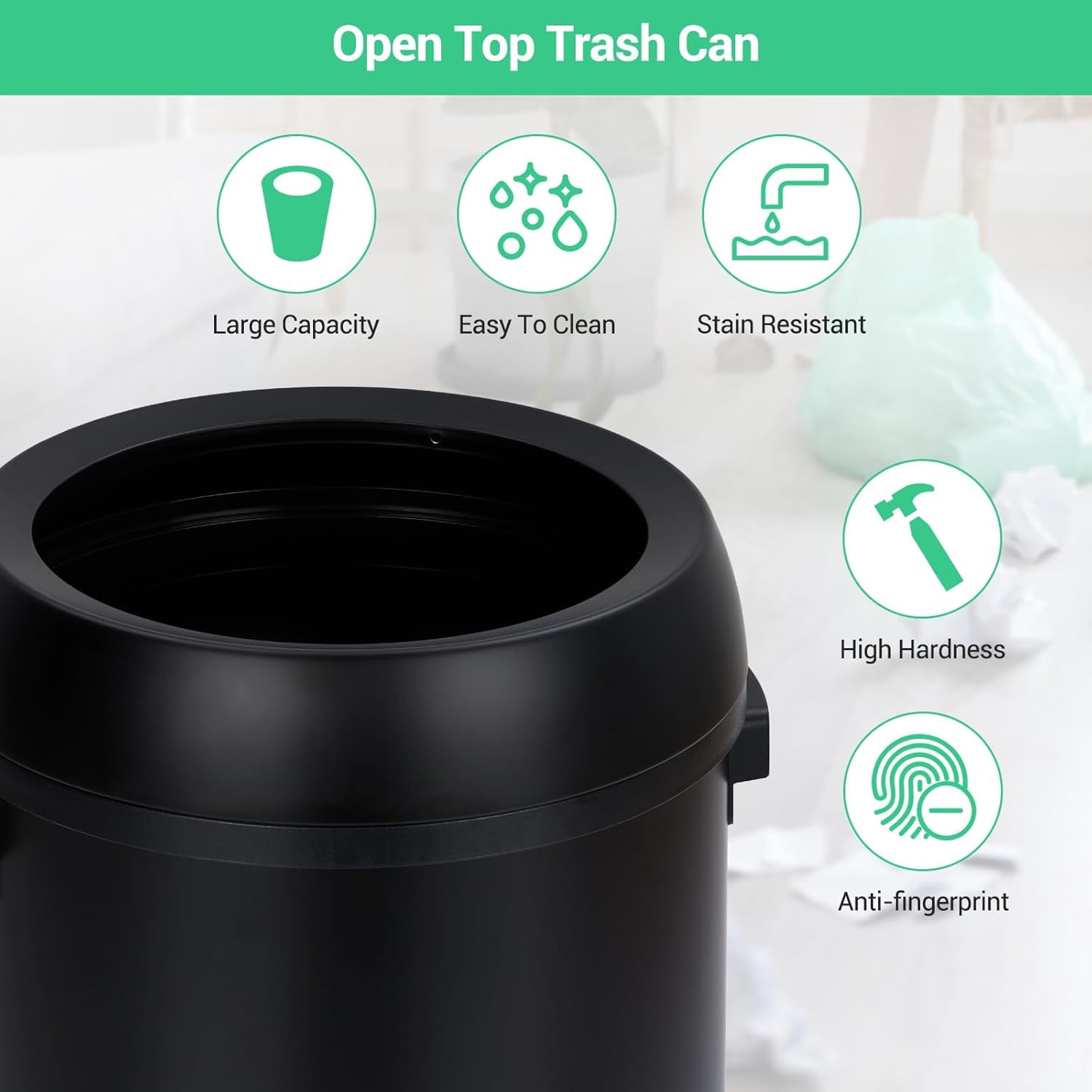 Garvee 17 Gallon Stainless Steel Round Trash Can with Open Lid, Fingerprint-Proof, Removable Inner Liner for Kitchen, Office, Living Room, or Bathroom, Black
