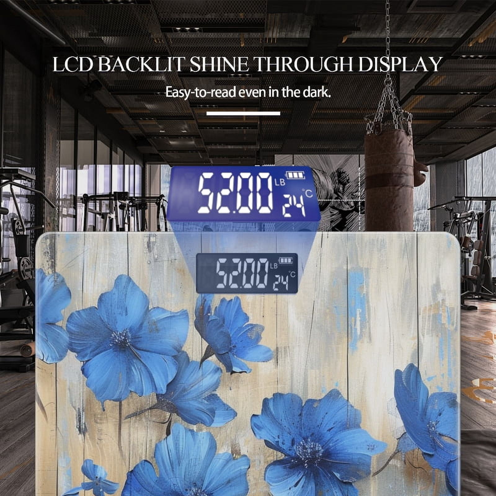 High Precision Body Weight Scale Smart Bathroom Scales with Large LCD Display(400lbs),Decorative for Bedroom-Small Blue Flowers Were Painted On The Old Wooden Board