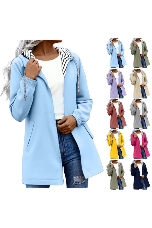 Rain Jacket Women Waterproof Windbreaker Lightweight Rain Jackets with Pockets Striped Lined Raincoats with Hood Light Blue L