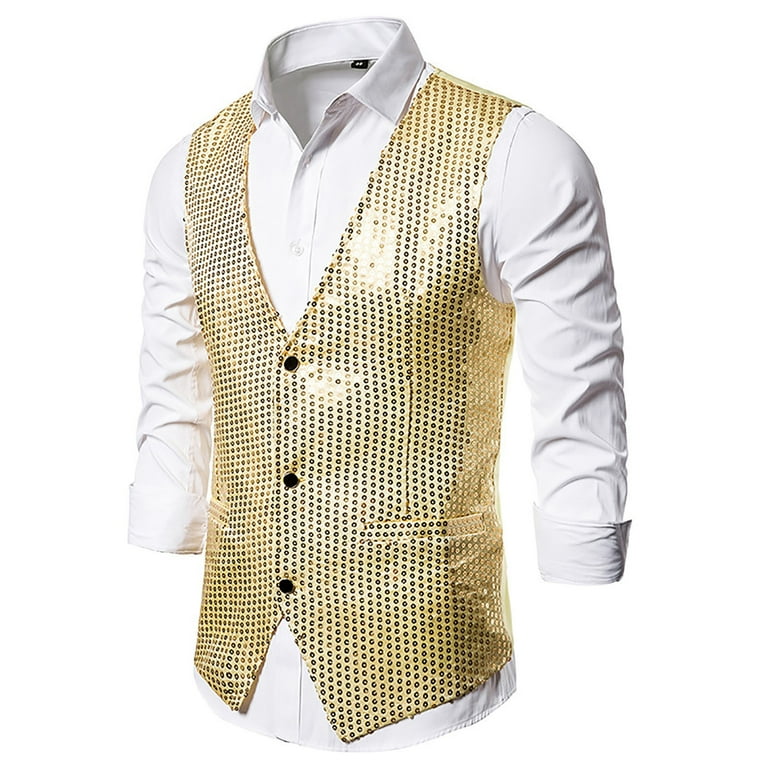 Men s Sequin Shiny Vest Slim Fit Button Down V Neck Sleeveless
