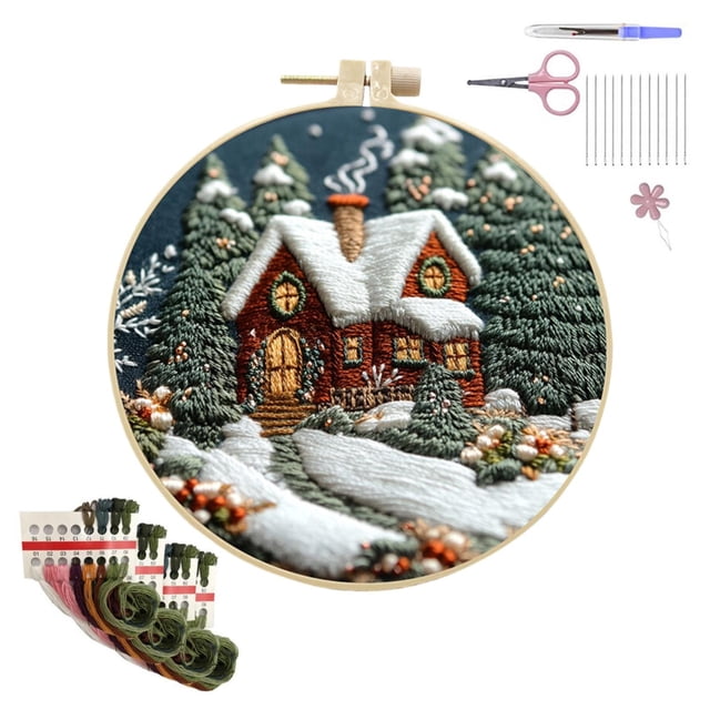 Outdoor Christmas Decorations Hangs Christmas Embroidery Craft Kits ,Hand Christmas DIY Embroidery Patterns Stamped Kit Adults Kids Beginners Stamped Embroidery Kit 。 (Warm Christmas B)