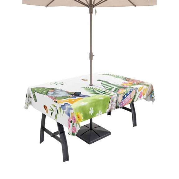 Outdoor Tablecloth with Umbrella Hole and Zipper, Green Easter Rectangle Table Cloth 60x84 Inch Waterproof Tablecloth, Eggs Gnomes Bunny Elegant Farmhouse Picnic Table Cover for Patio Camping