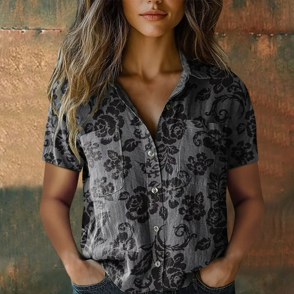 Bovemsi Women Cotton Shirt Printed Fashion Down Shirts Casual Tops Short Sleeve Blouse, Gray Women's Summer Shirts, 4XL