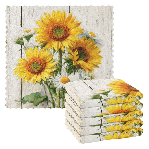 6 Pieces of Kitchen Towels 11x11Inch Kitchen Dish Cloths Kitchen Dish Towels Reuseable Cleaning Cloths Three Sunflowers