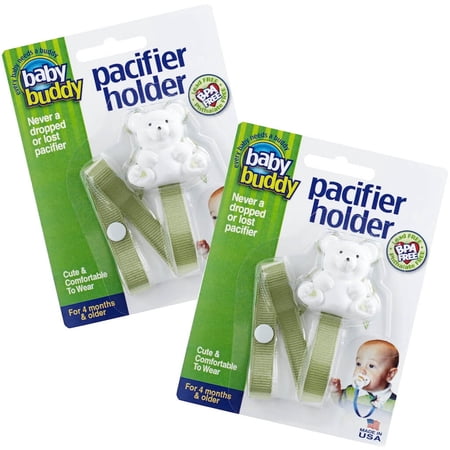 Baby Buddy Pacifier Holder Clip for Babies 4 Months and Up, Bear Design, Sage, 2 Count