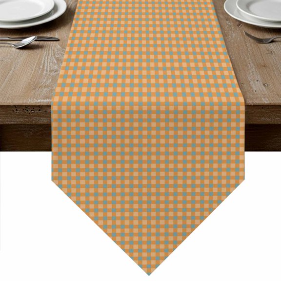 Vintage Plaid Table Runner Linen Burlap Table Runner 120 Inches Long Fall Farmhouse Grid Minimalist Pattern Orange Dresser Scarves for Kitchen Island Coffee Dining Room Party Holiday Decor 13"x120"