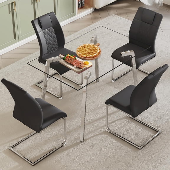 Modern Dining Table Set 4,Small Glass Dining Table with 4 White Faux Leather Chair,0.31”Thick Glass Table Top with Chrome Plate Silver Legs,51" Kitchen Table with Chairs for Kitchen Dining