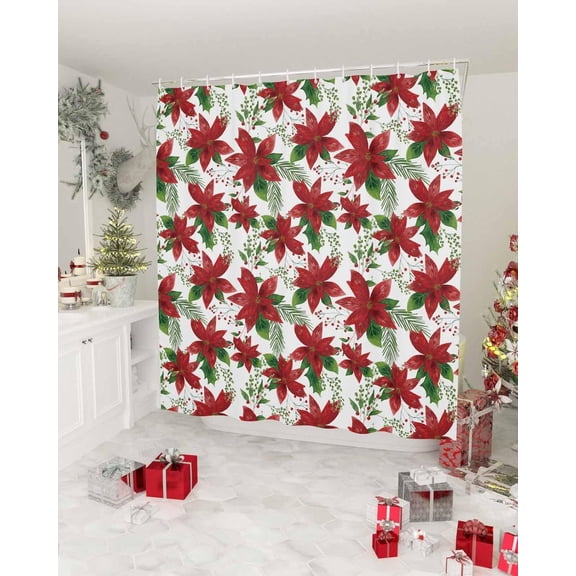 Christmas Shower Curtain Merry Christmas Red Poinsettia Flower Green Leaves Shower Curtains for Bathroom Decor Christmas Decoration Bath Curtains Sets with Hooks Waterproof, 72x72 in