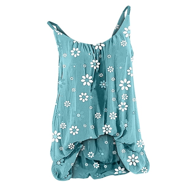 Gibobby Flower O Cuello Tee Bluses Impresión Camisole de mujeres Sleeveless Tops Mujer Blouse(Azul,XG)